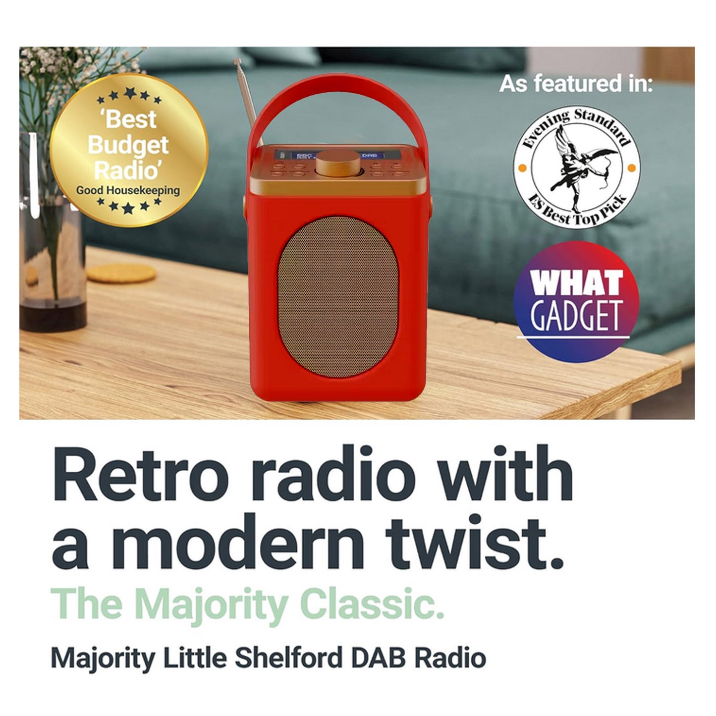 Majority Shelford FM DAB+ Radio Dual Alarm Bluetooth Award Winning - Red