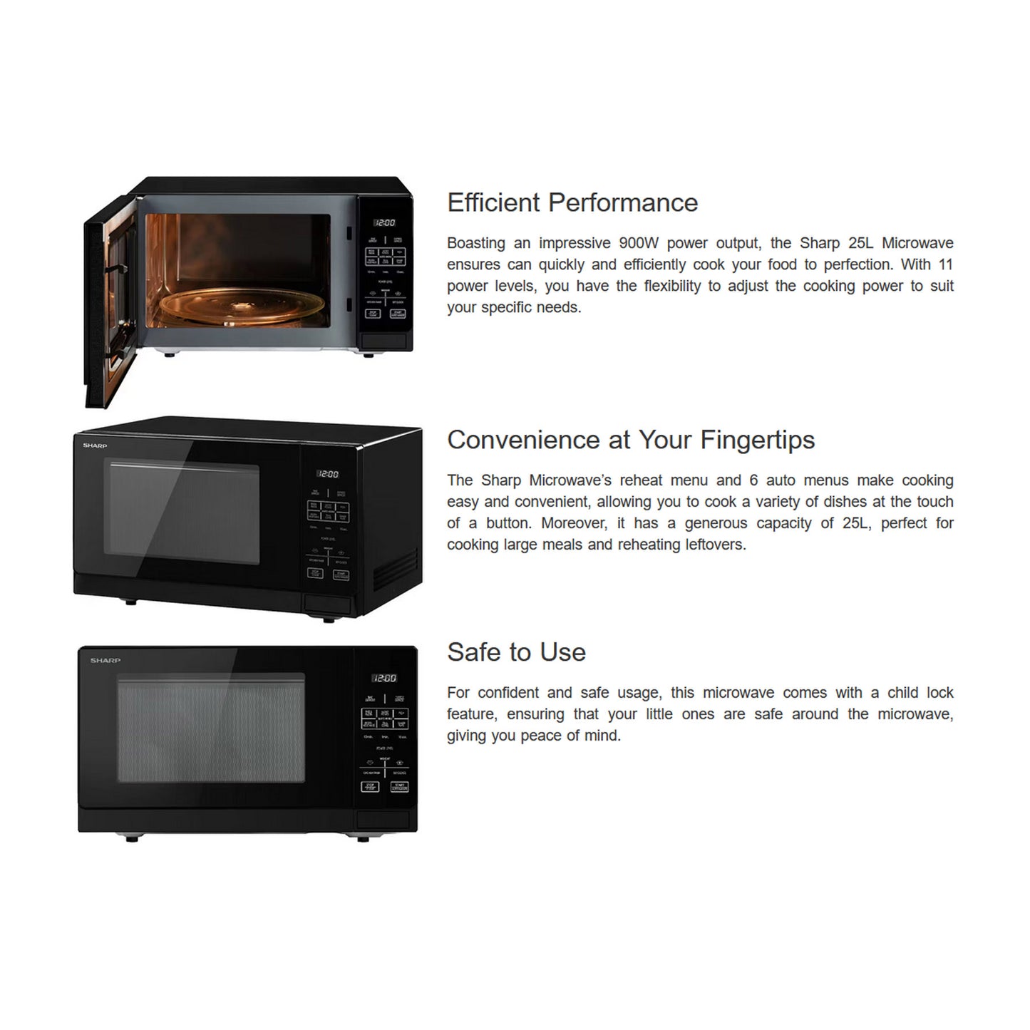 SHARP 25L MICROWAVE OVEN MIDSIZE AUTO MENU DEFROST BLACK R25AOB