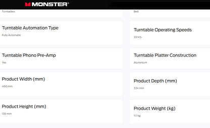 Monster Turntable HiFi System with Speakers Carbon Arm Anti Skate Counter Weight Bluetooth