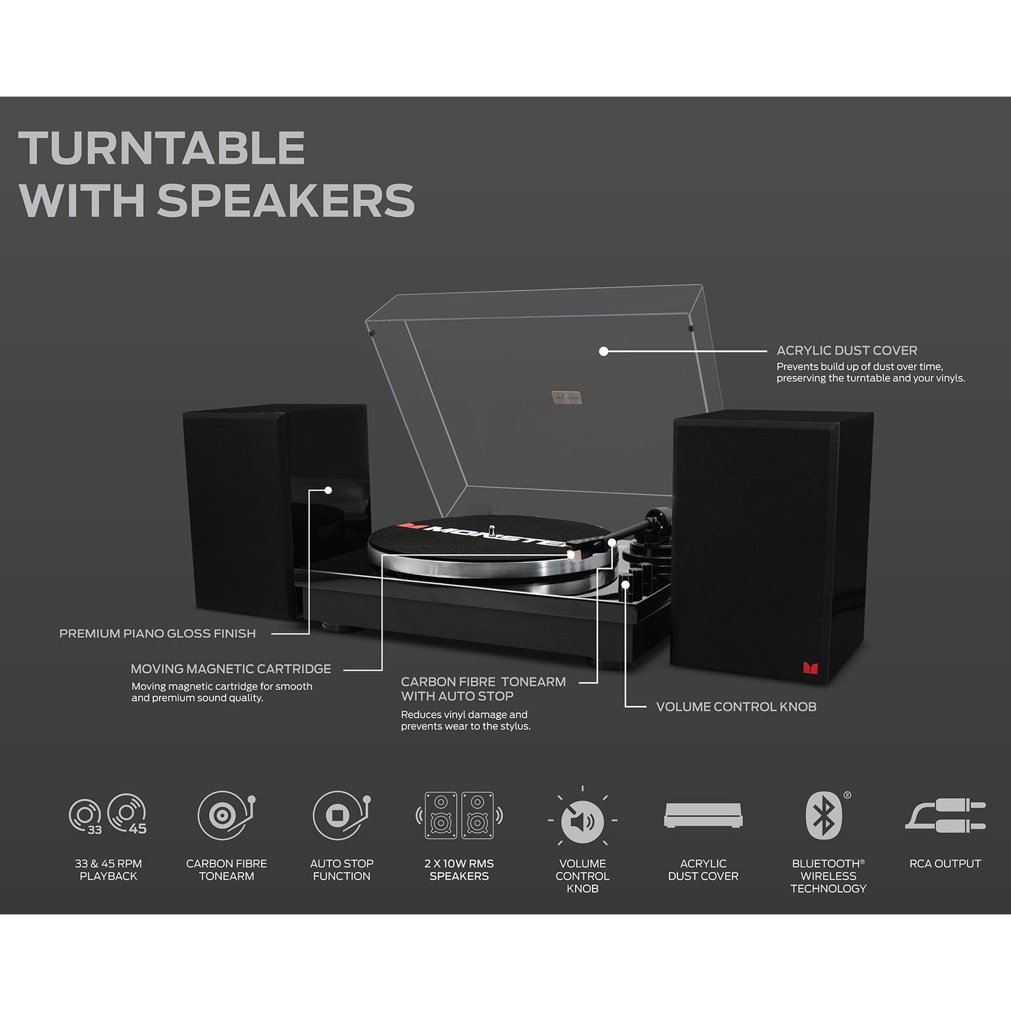 Monster Turntable HiFi System with Speakers Carbon Arm Anti Skate Counter Weight Bluetooth