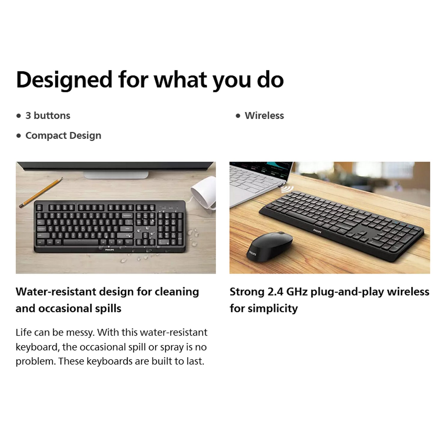 Philips Ergonomic Keyboad and Mouse Set Combo 2.4Ghz Wireless Efficient Work Office C602