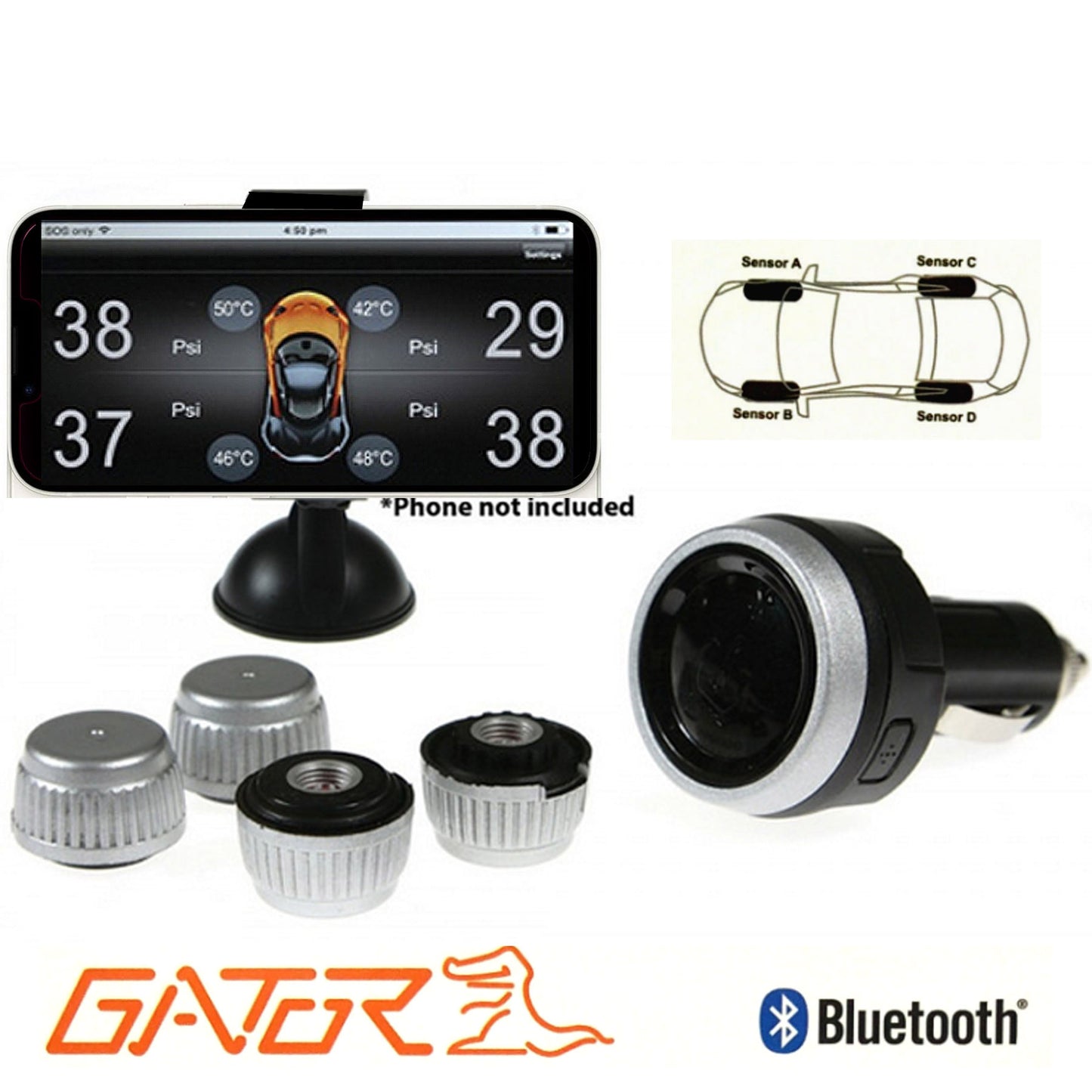 Gator Australia DIY BT Wireless Car Tyre Pressure Monitor App Control TPM iOS Monitoring System