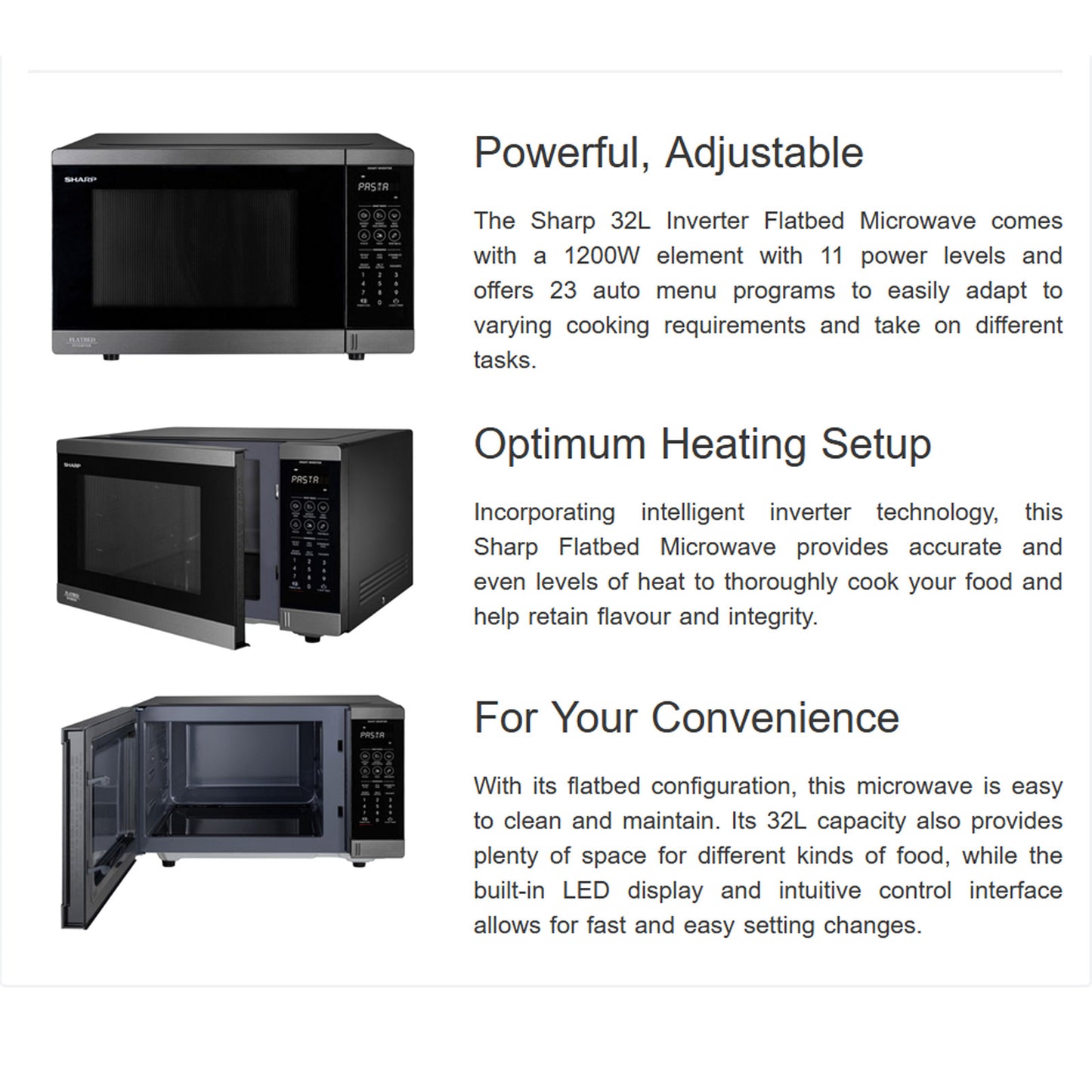 Sharp 32L 1200w Flatbed Microwave Oven Black Stainless Steel SM327FHBS