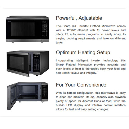 Sharp 32L 1200w Flatbed Microwave Oven Black Stainless Steel SM327FHBS