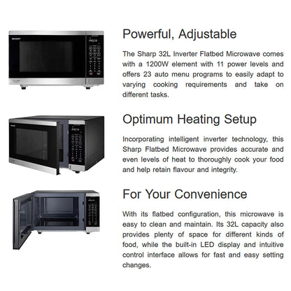 Sharp 32L 1200w Flatbed Microwave Oven Stainless Steel SM327FHS