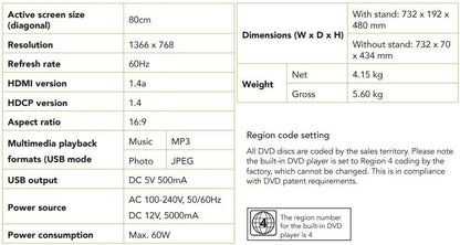 Linsar 32 inch HD Digital TV DVD Player Combo 12v / 240v Caravan L32C12V