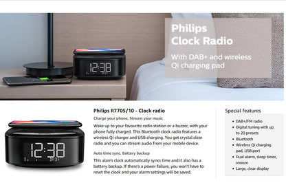 Philips TAR7705 FM DAB+ Alarm Clock Radio Bluetooth Speaker Wireless Qi Phone Charger