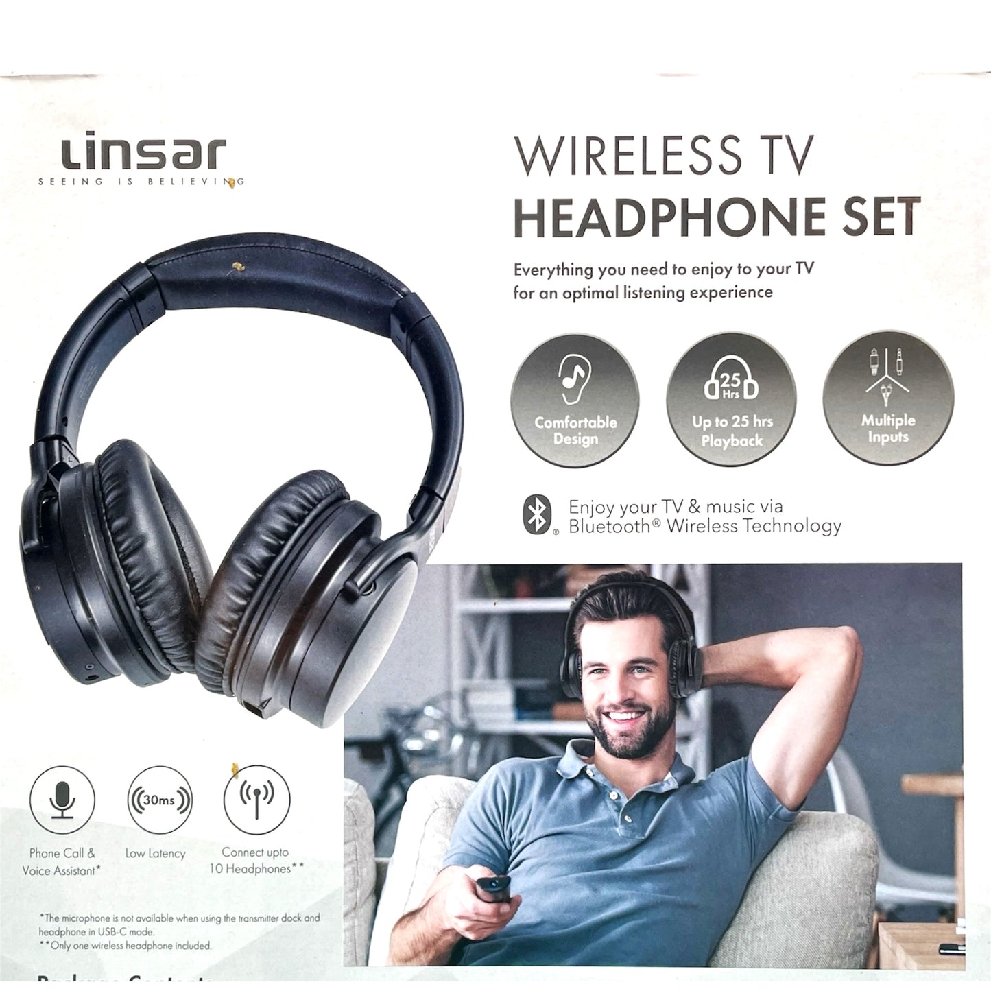 New Linsar Wireless TV HiFi Audio Headphones Over Ear Bluetooth LS2THP