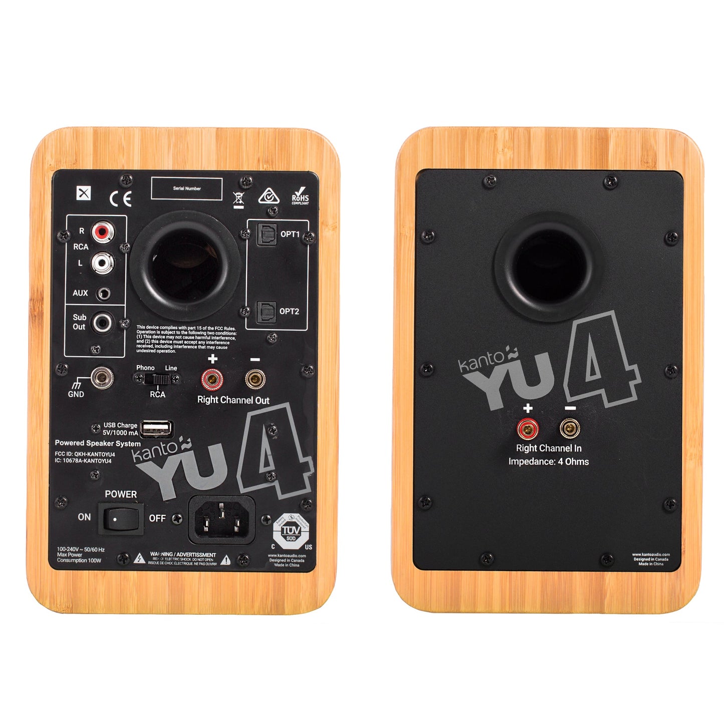 Kanto YU4 140W Powered Bluetooth Bookshelf Speakers with Phono Preamp - Pair Natural Wood Bamboo