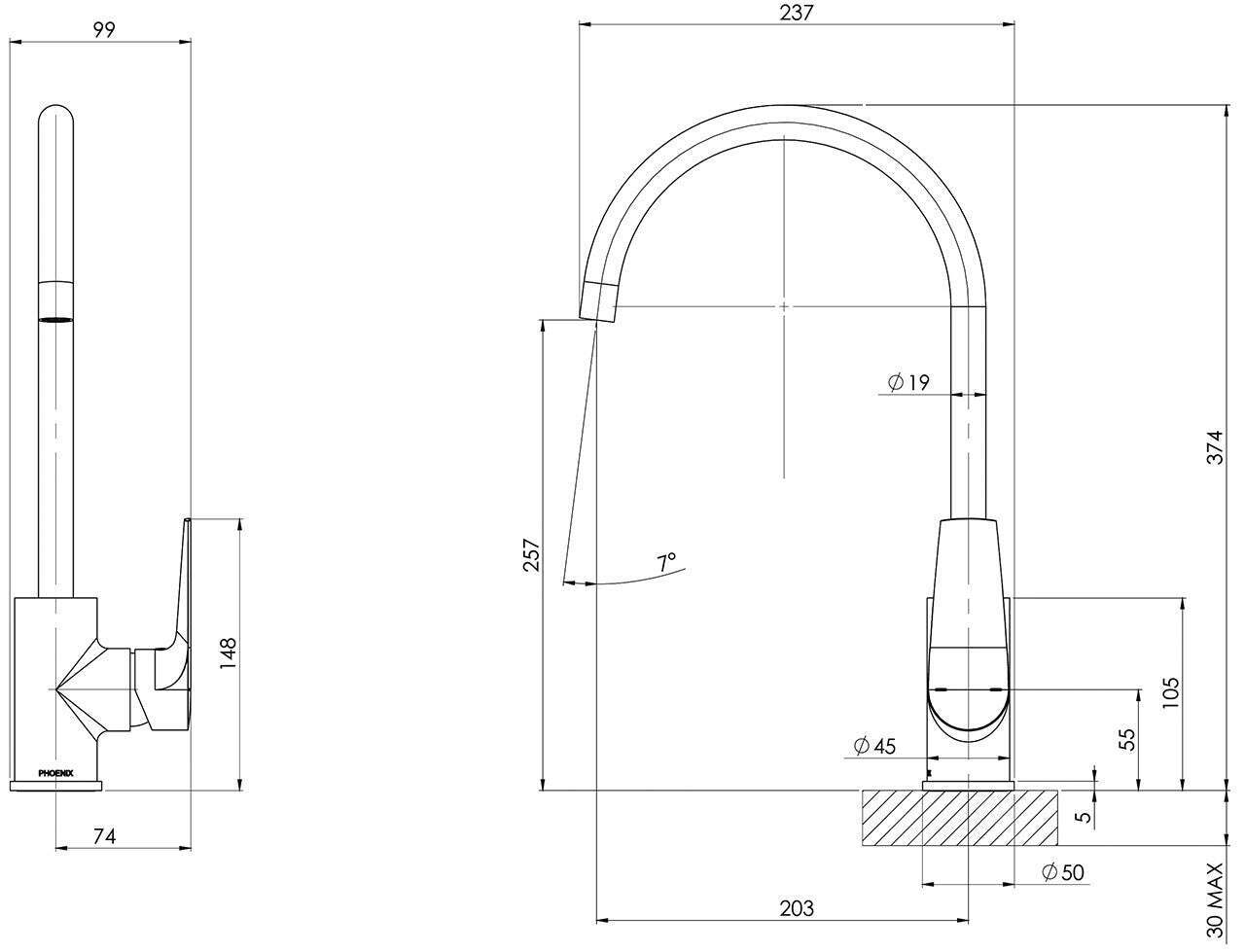 Phoenix Tapware Arlo Kitchen Sink Mixer Tap Sidelever Gooseneck 200mm