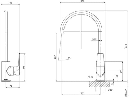 Phoenix Tapware Arlo Kitchen Sink Mixer Tap Sidelever Gooseneck 200mm