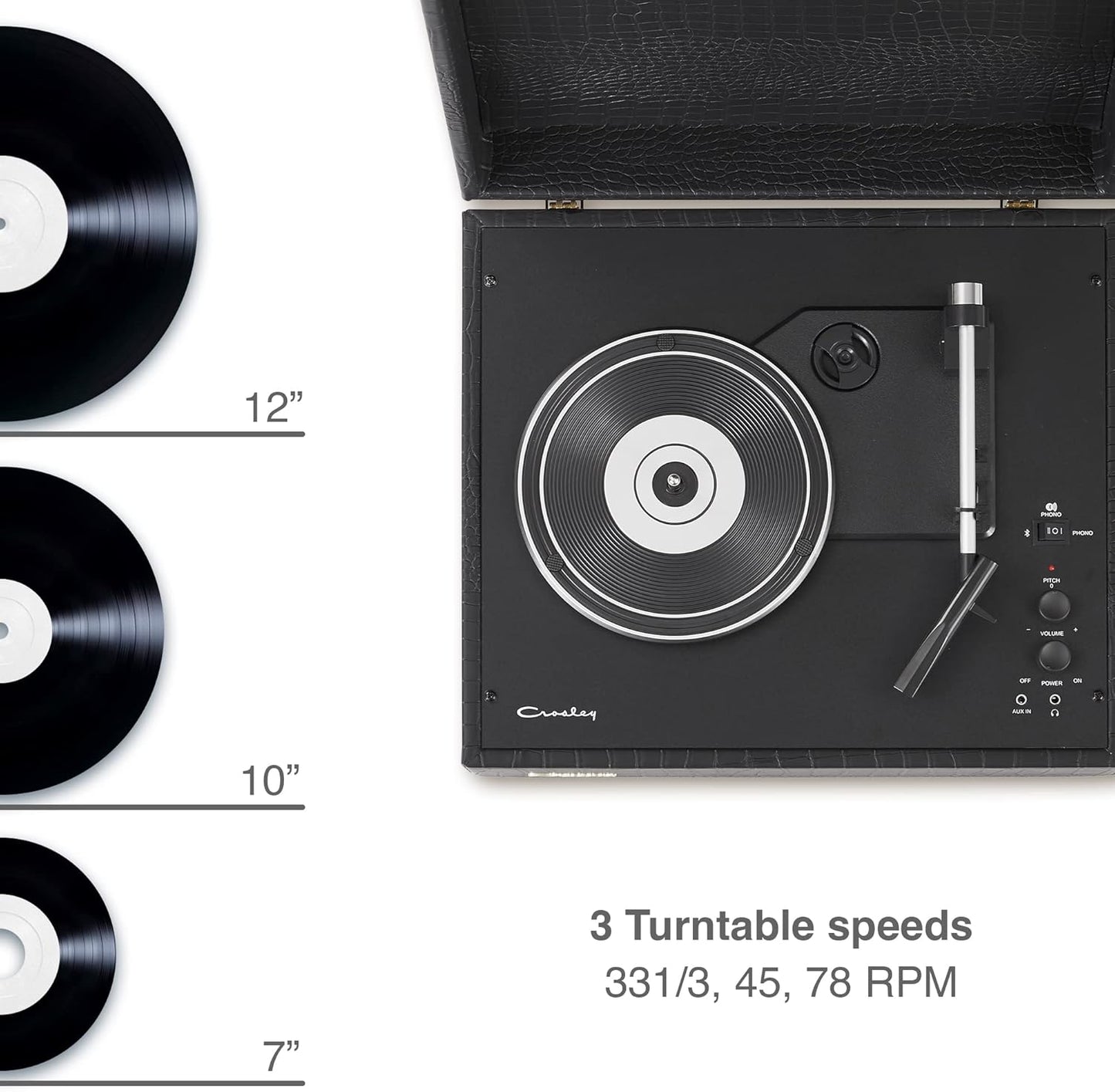 Crosley Mercury Record Player Turntable Black Croc Premium Bluetooth 2-Way