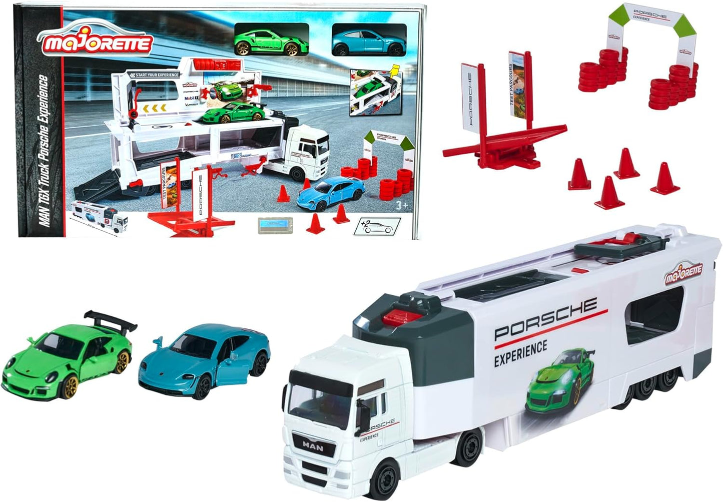 Majorette Porsche Experience Playset Man TGX Truck and 2 Cars 911 GT3 Taycan