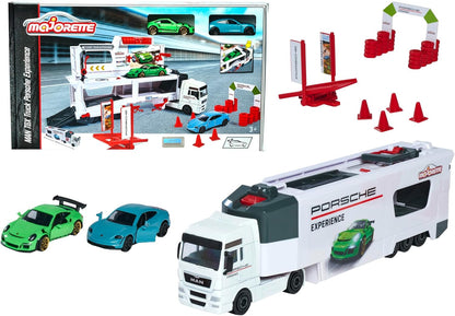 Majorette Porsche Experience Playset Man TGX Truck and 2 Cars 911 GT3 Taycan