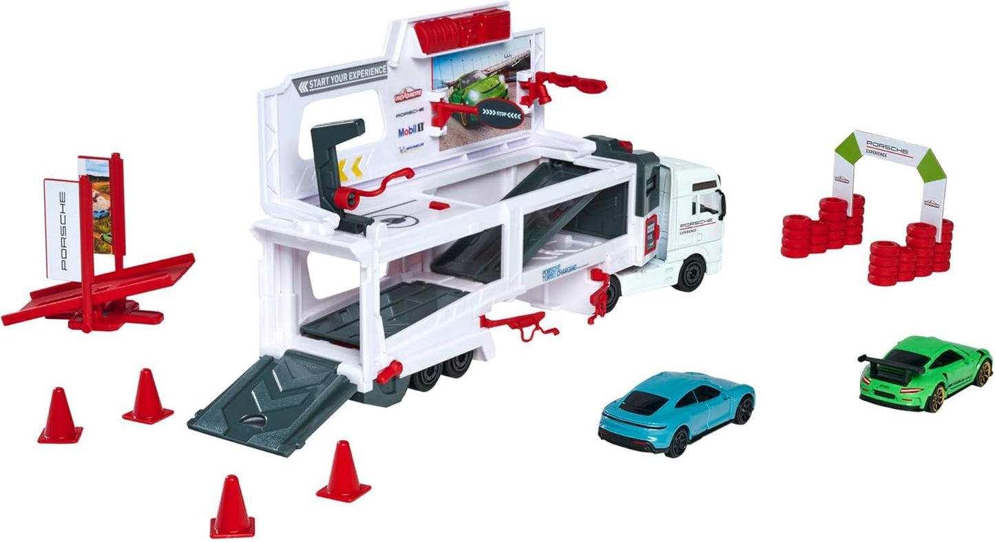 Majorette Porsche Experience Playset Man TGX Truck and 2 Cars 911 GT3 Taycan