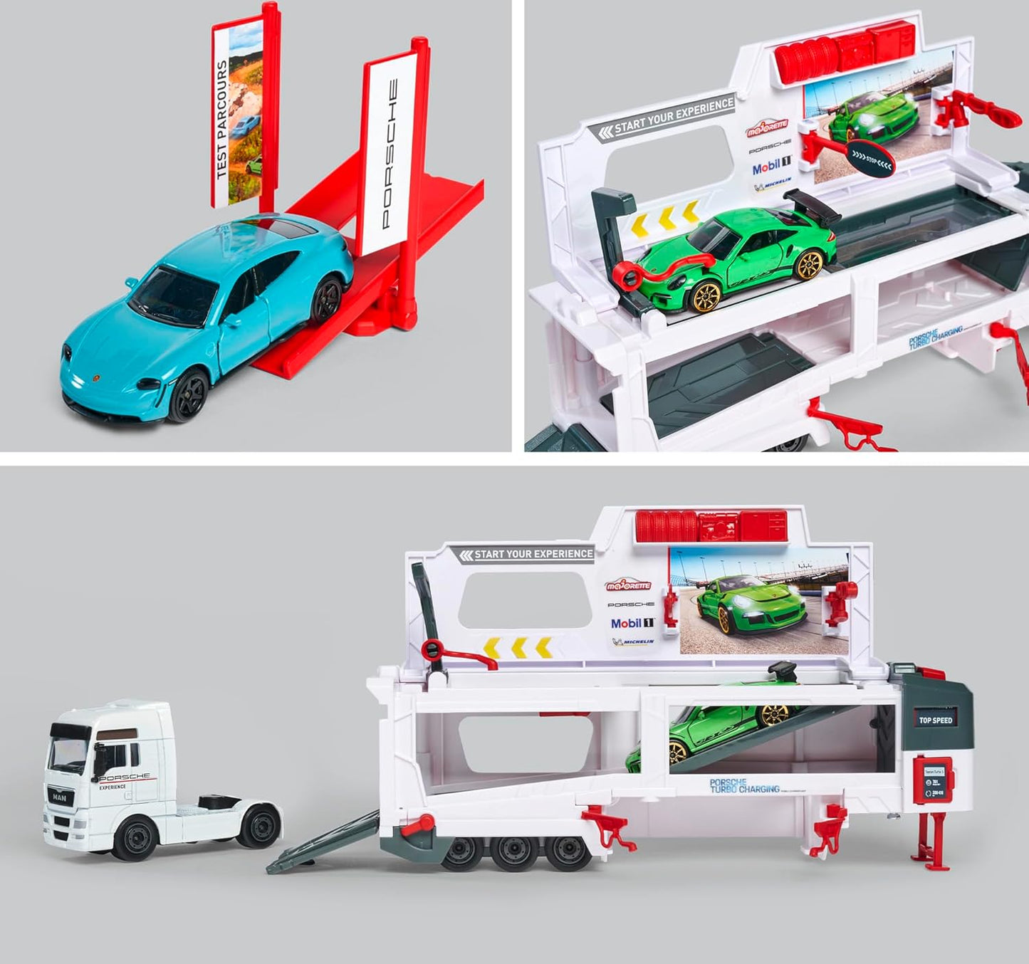 Majorette Porsche Experience Playset Man TGX Truck and 2 Cars 911 GT3 Taycan