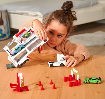 Majorette Porsche Experience Playset Man TGX Truck and 2 Cars 911 GT3 Taycan