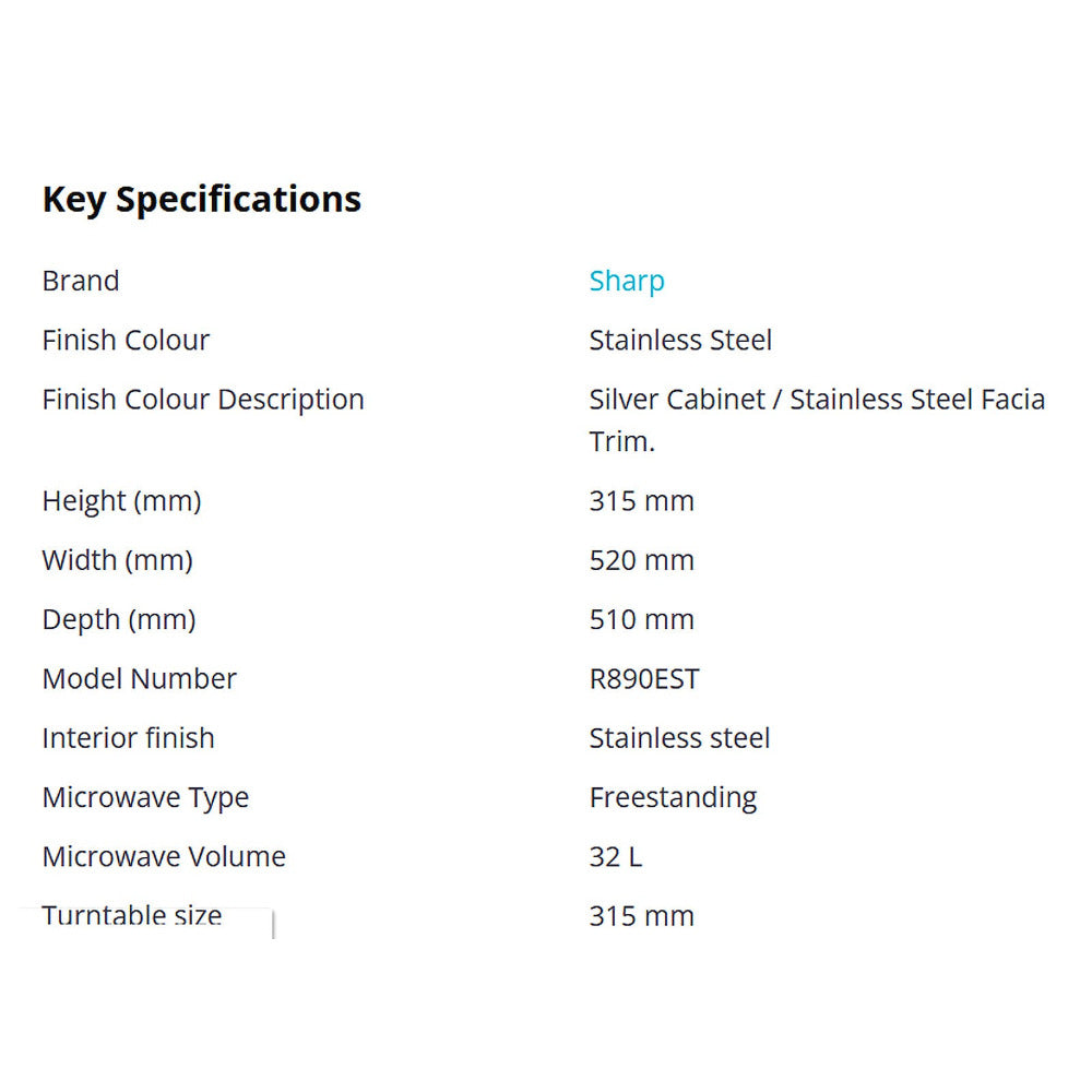 Key specifications of a Sharp microwave oven on a white background