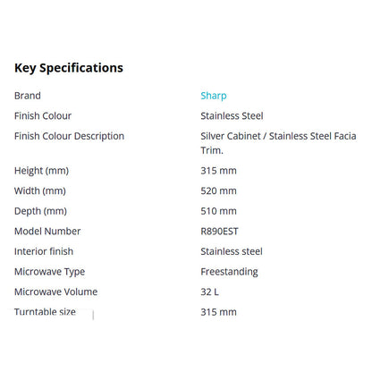 Key specifications of a Sharp microwave oven on a white background