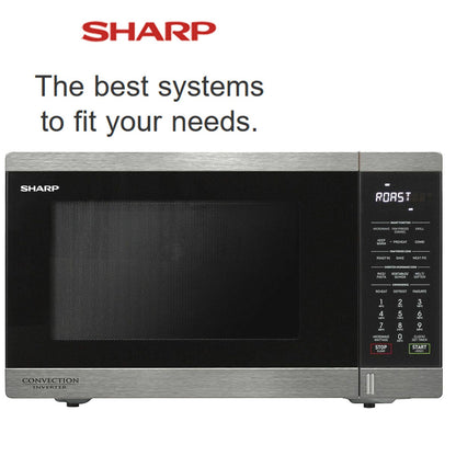 Sharp microwave oven with branding and text on a white background