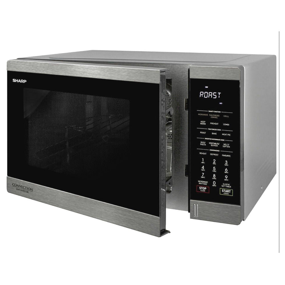 Sharp microwave oven with digital display on a white background