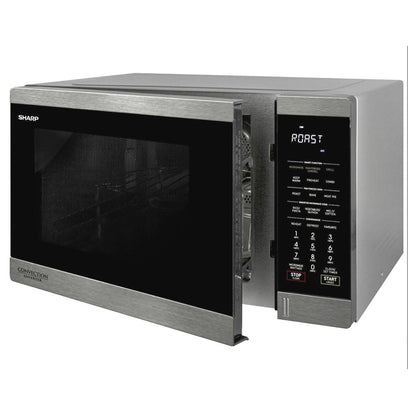 Sharp microwave oven with digital display on a white background