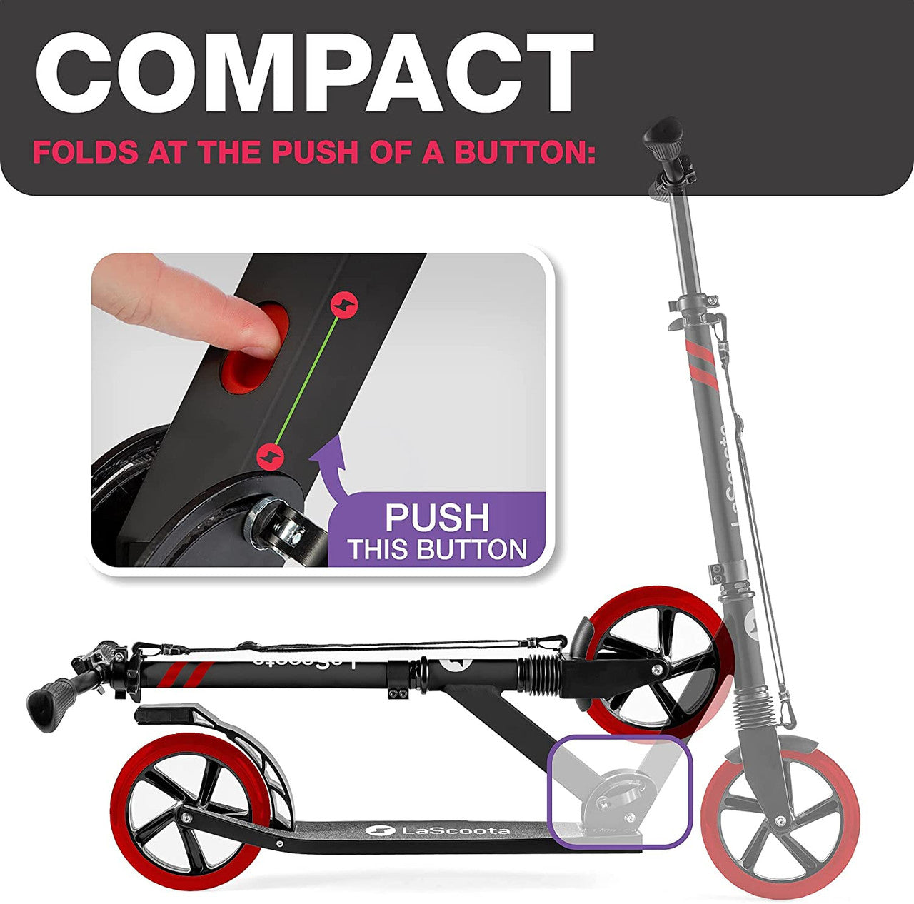 Special ! Lascoota Pulse Kick Push Commuter Scooter Teen Adult Black & Red