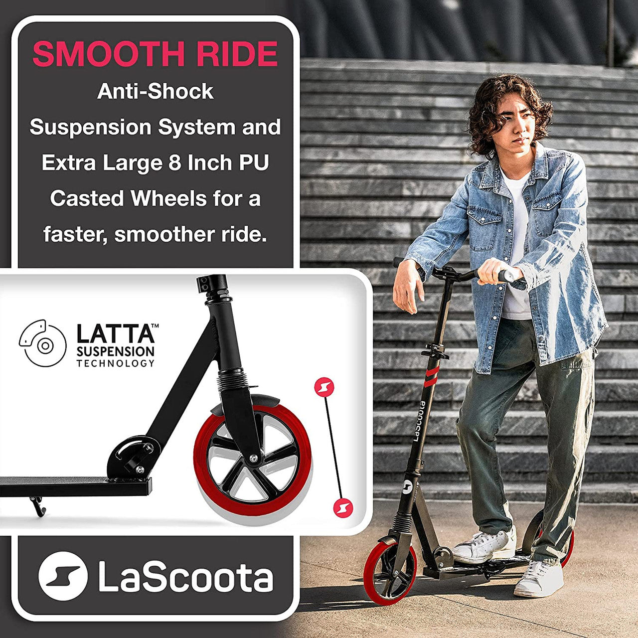 Special ! Lascoota Pulse Kick Push Commuter Scooter Teen Adult Black & Red