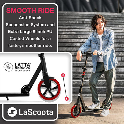 Special ! Lascoota Pulse Kick Push Commuter Scooter Teen Adult Black & Red