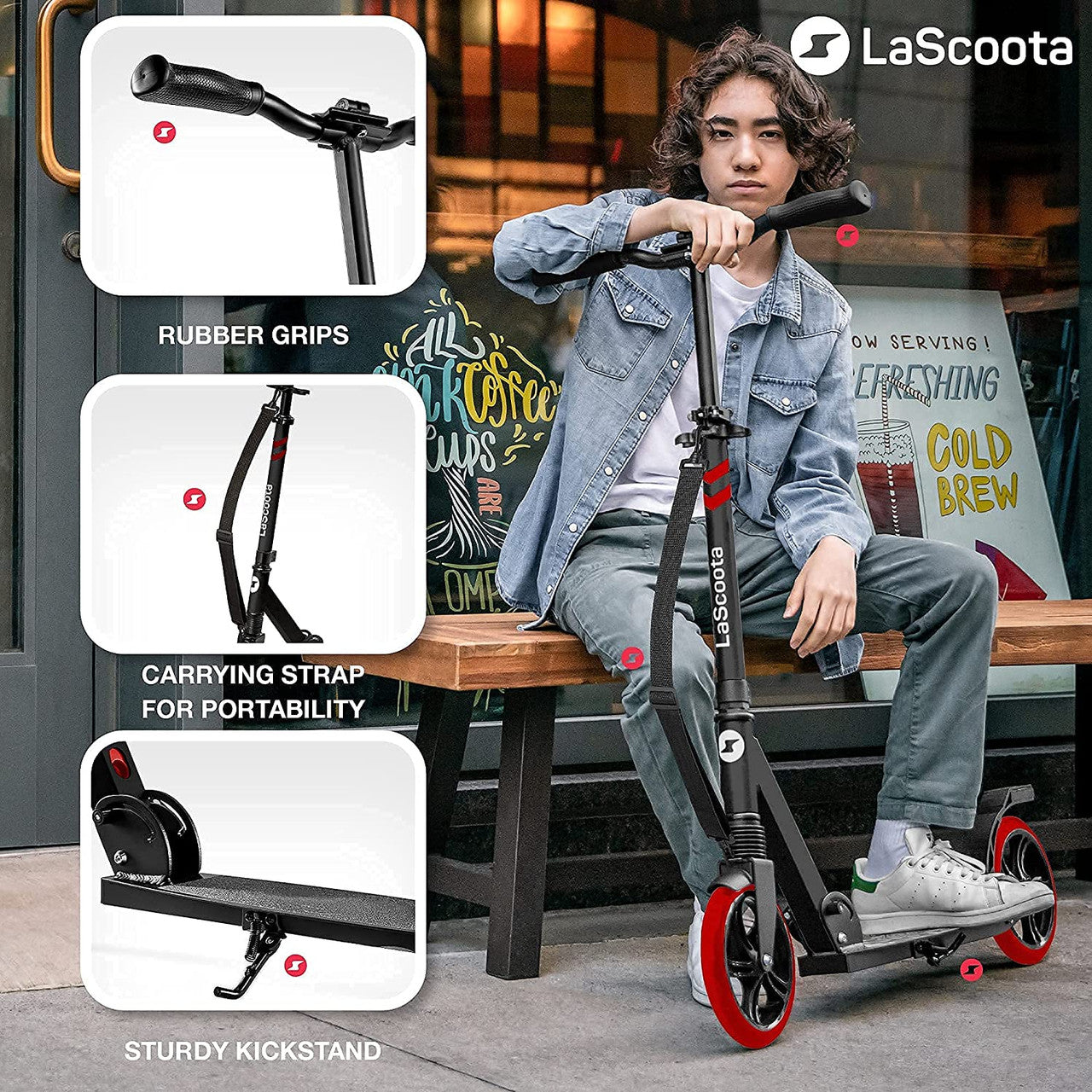 Special ! Lascoota Pulse Kick Push Commuter Scooter Teen Adult Black & Red